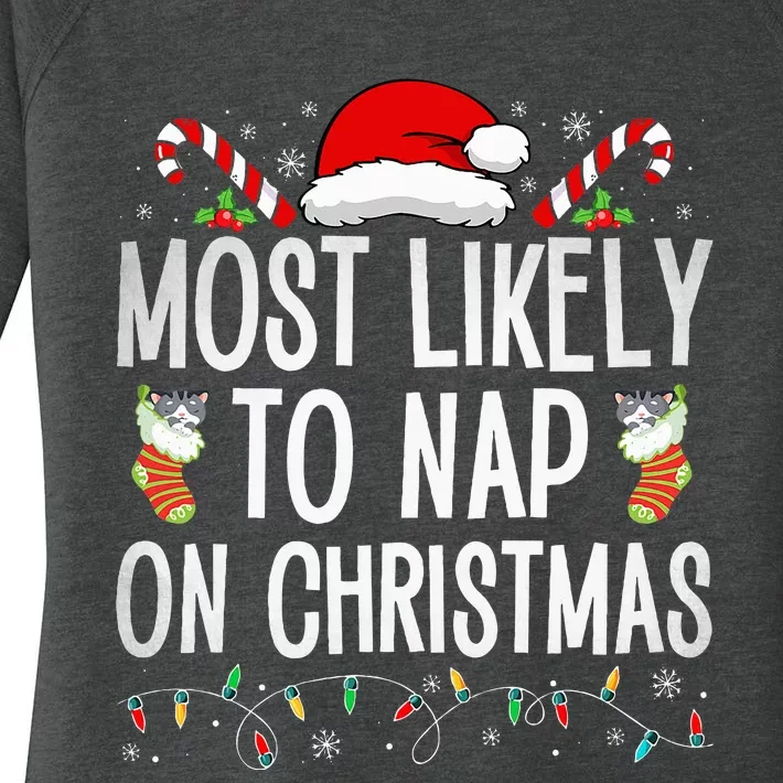 Most Likely To Nap On Christmas Family Christmas Pajamas Women's Perfect Tri Tunic Long Sleeve Shirt