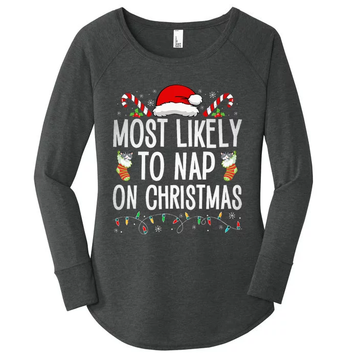 Most Likely To Nap On Christmas Family Christmas Pajamas Women's Perfect Tri Tunic Long Sleeve Shirt