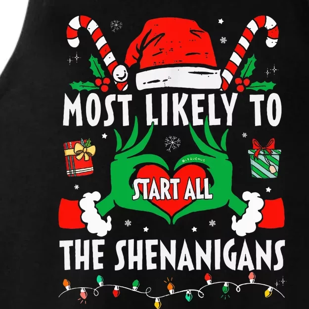 Most Likely To Start All The Shenanigans Family Christmas Ladies Tri-Blend Wicking Tank