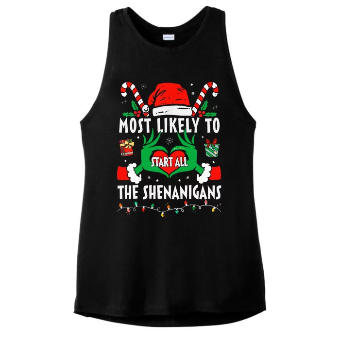 Most Likely To Start All The Shenanigans Family Christmas Ladies Tri-Blend Wicking Tank