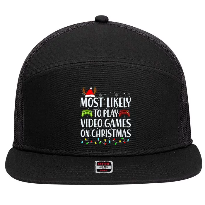 Most Likely To Play Video Game On Christmas Santa Gaming 7 Panel Mesh Trucker Snapback Hat