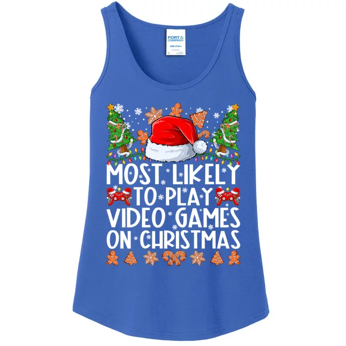 Most Likely To Play Video Games On Christmas Family Pajamas Ladies Essential Tank