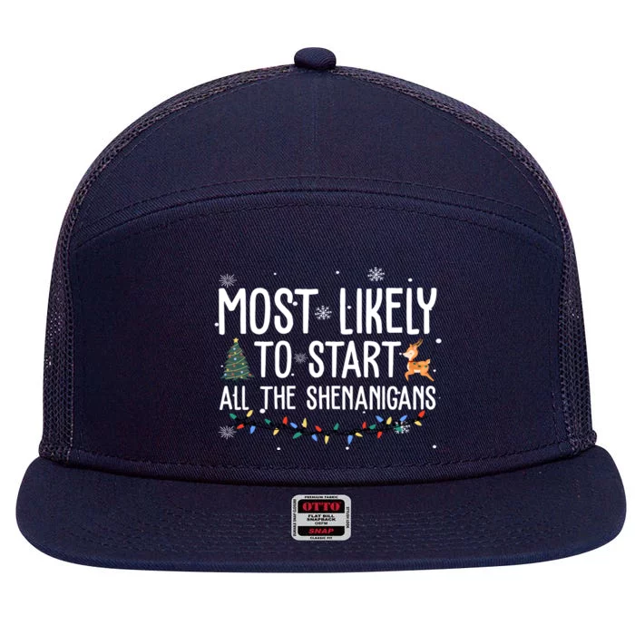 Most Likely To Start All The Shenanigans Funny Christmas 7 Panel Mesh Trucker Snapback Hat