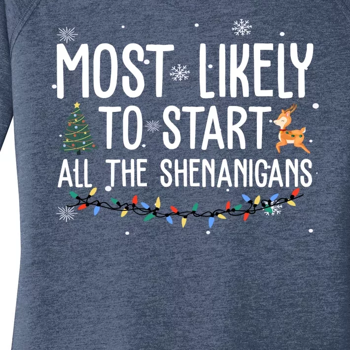 Most Likely To Start All The Shenanigans Funny Christmas Women's Perfect Tri Tunic Long Sleeve Shirt