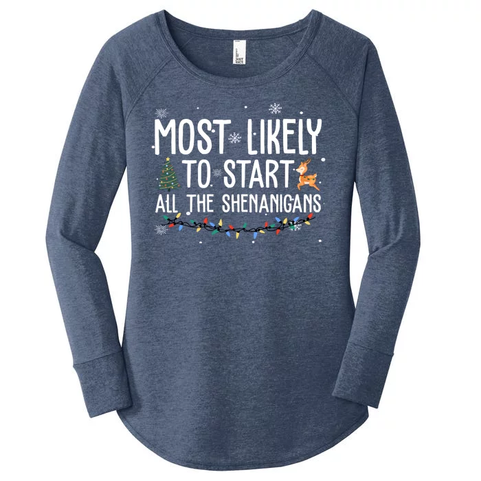 Most Likely To Start All The Shenanigans Funny Christmas Women's Perfect Tri Tunic Long Sleeve Shirt