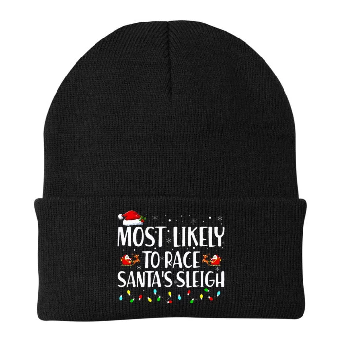 Most Likely To Race Santa's Sleigh Family Christmas Pajamas Knit Cap Winter Beanie