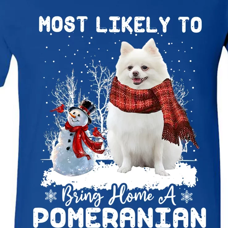 Most Likely To Bring Home A Pomeranian Funny Xmas Dog Lover Gift V-Neck T-Shirt