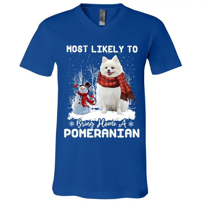 Most Likely To Bring Home A Pomeranian Funny Xmas Dog Lover Gift V-Neck T-Shirt