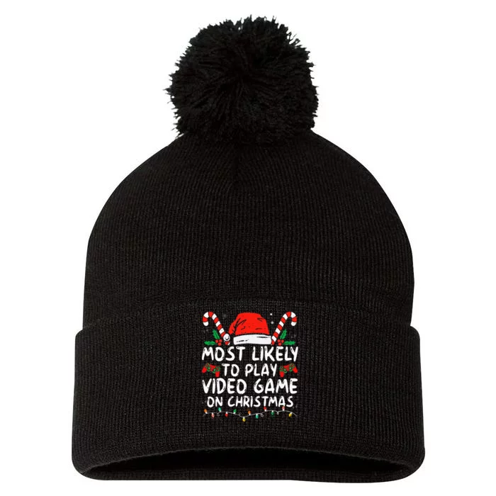 Most Likely To Play Video Game On Christmas Santa Gaming Pom Pom 12in Knit Beanie