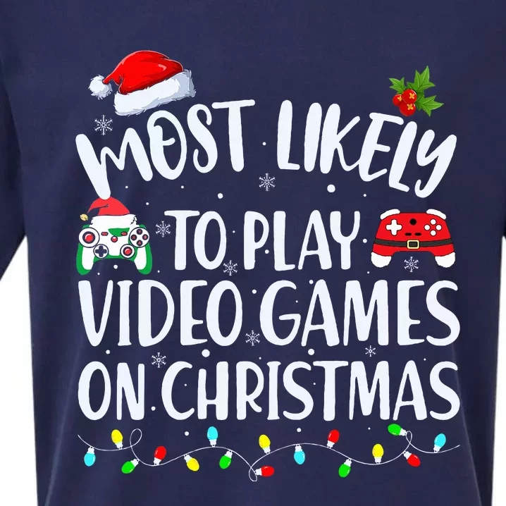 Most Likely To Play Video Games On Christmas Gamer Sueded Cloud Jersey T-Shirt