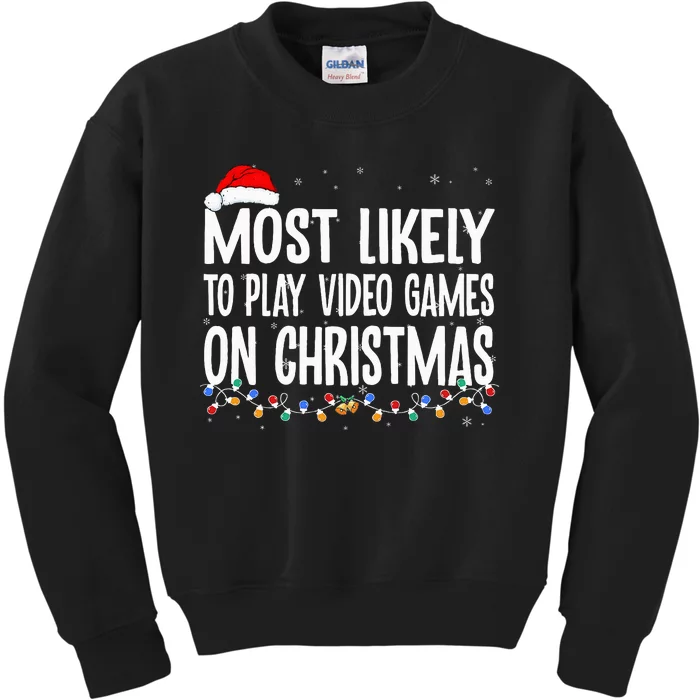 Most Likely To Play Video Games On Christmas Xmas Lights Kids Sweatshirt