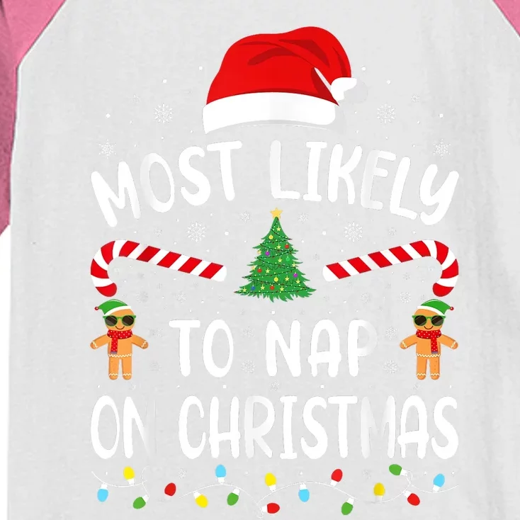 Most Likely To Nap On Christmas Funny Family Christmas Kids Colorblock Raglan Jersey