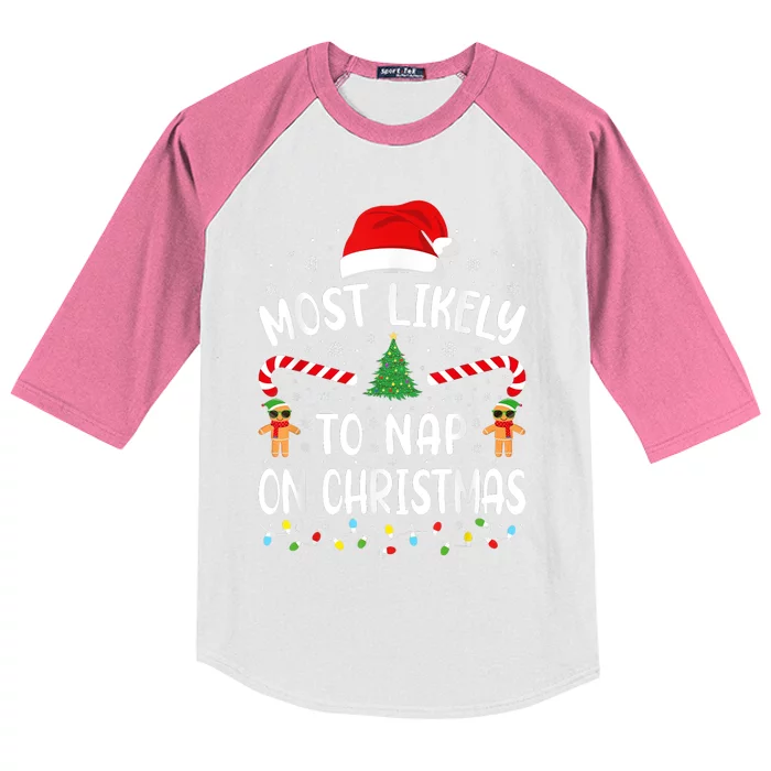 Most Likely To Nap On Christmas Funny Family Christmas Kids Colorblock Raglan Jersey