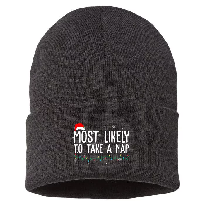 Most Likely To Take A Nap Funny Christmas Sustainable Knit Beanie