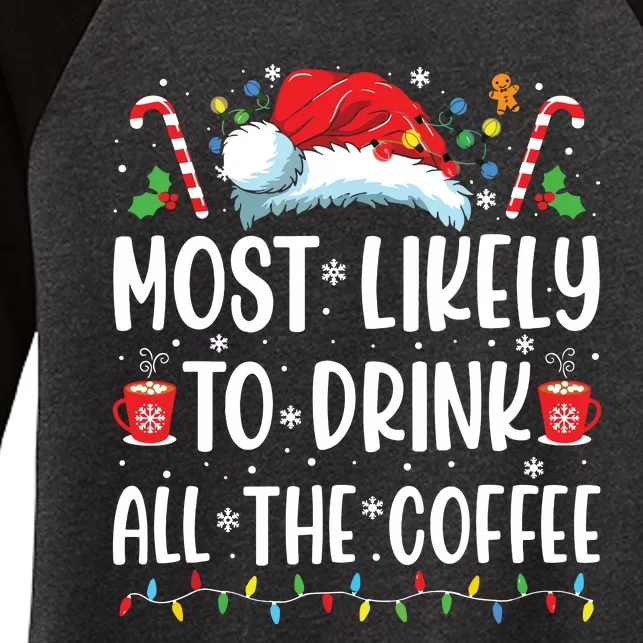 Most Likely To Drink All The Coffee Funny Family Christmas Women's Tri-Blend 3/4-Sleeve Raglan Shirt