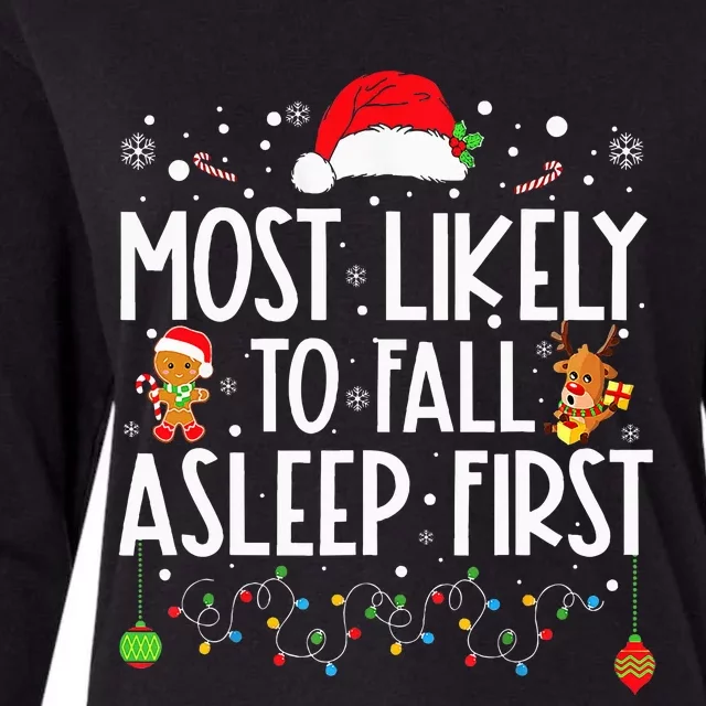 Most Likely To Fall Asleep First Funny Xmas Family Womens Cotton Relaxed Long Sleeve T-Shirt