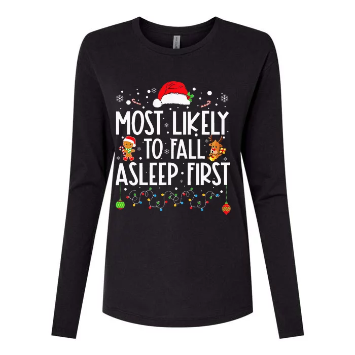 Most Likely To Fall Asleep First Funny Xmas Family Womens Cotton Relaxed Long Sleeve T-Shirt