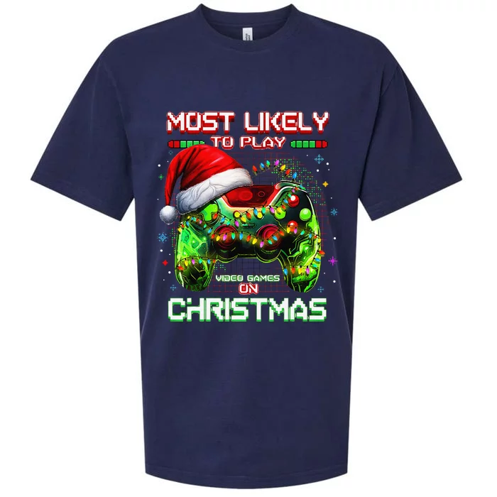 Most Likely To Play Video Games On Christmas Santa Gift Sueded Cloud Jersey T-Shirt