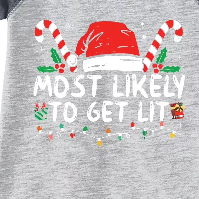 Most Likely To Get Lit Drinking Funny Family Christmas Xmas Infant Baby Jersey Bodysuit