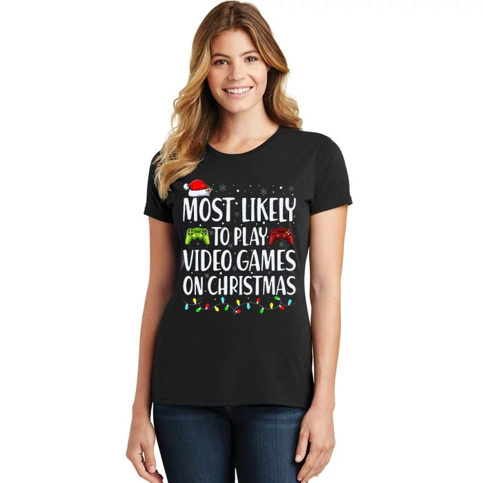 Most Likely To Play Video Games On Christmas Xmas Lights Women's T-Shirt