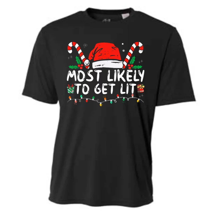 Most Likely To Get Lit Drinking Funny Family Christmas Xmas Cooling Performance Crew T-Shirt