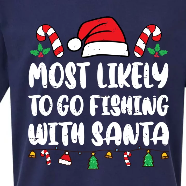 Most Likely To Go Fishing With Santa Funny Christmas Pajamas Sueded Cloud Jersey T-Shirt