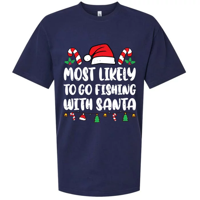 Most Likely To Go Fishing With Santa Funny Christmas Pajamas Sueded Cloud Jersey T-Shirt