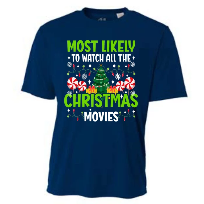 Most Likely To Watch All The Christmas Movies Funny Family Cooling Performance Crew T-Shirt