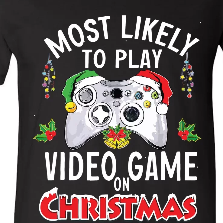 Most Likely To Play Video Games On Christmas Xmas Lights V-Neck T-Shirt