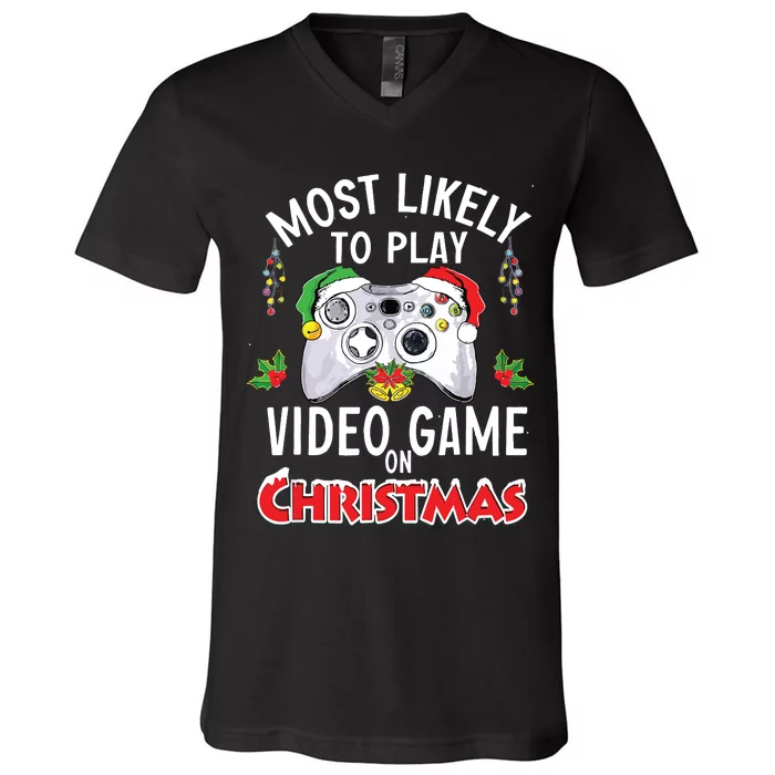 Most Likely To Play Video Games On Christmas Xmas Lights V-Neck T-Shirt