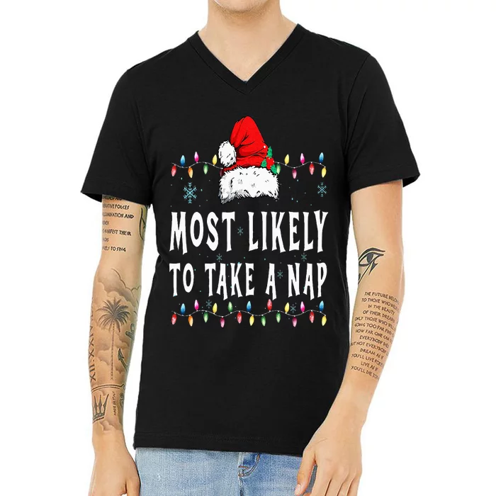 Most Likely To Take A Nap Funny Family Christmas Pajamas V-Neck T-Shirt