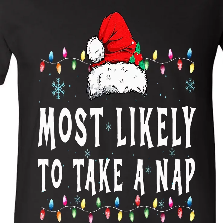 Most Likely To Take A Nap Funny Family Christmas Pajamas V-Neck T-Shirt