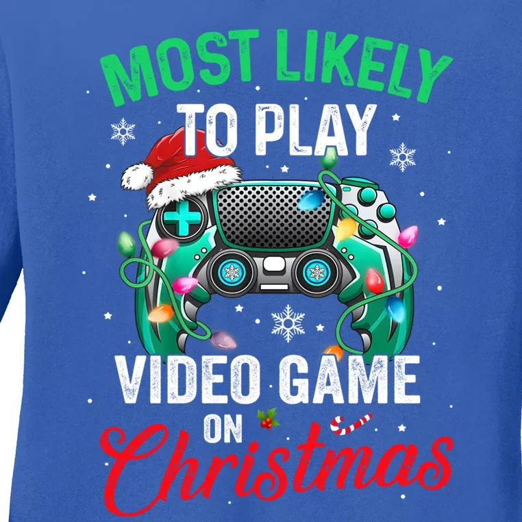 Most Likely To Play Video Games On Christmas Xmas Lights Gift Ladies Long Sleeve Shirt