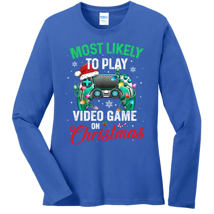 Most Likely To Play Video Games On Christmas Xmas Lights Gift Ladies Long Sleeve Shirt