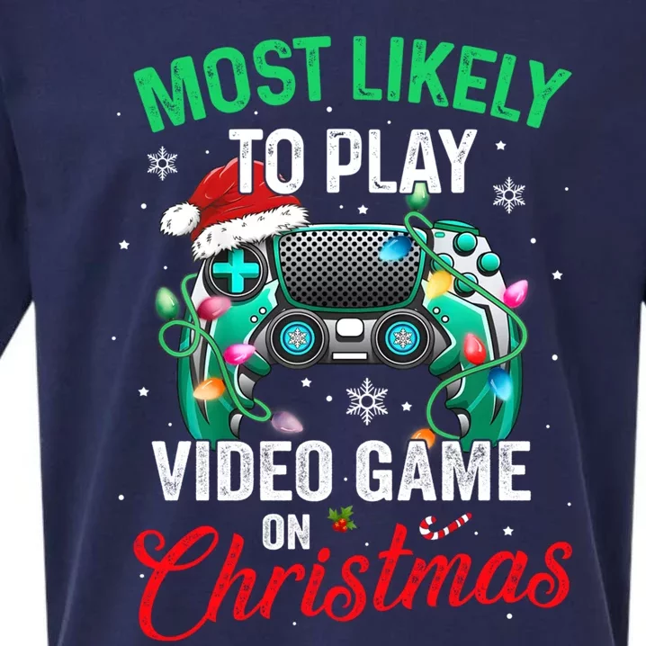 Most Likely To Play Video Games On Christmas Xmas Lights Gift Sueded Cloud Jersey T-Shirt