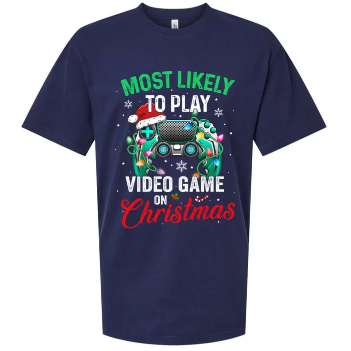 Most Likely To Play Video Games On Christmas Xmas Lights Gift Sueded Cloud Jersey T-Shirt