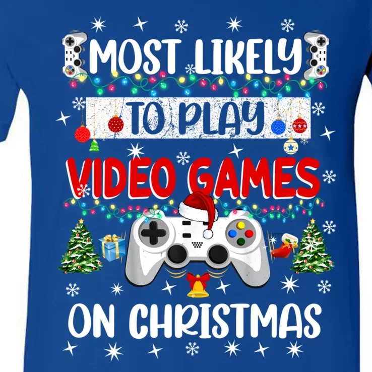 Most Likely To Play Video Games On Christmas Funny Gifts V-Neck T-Shirt