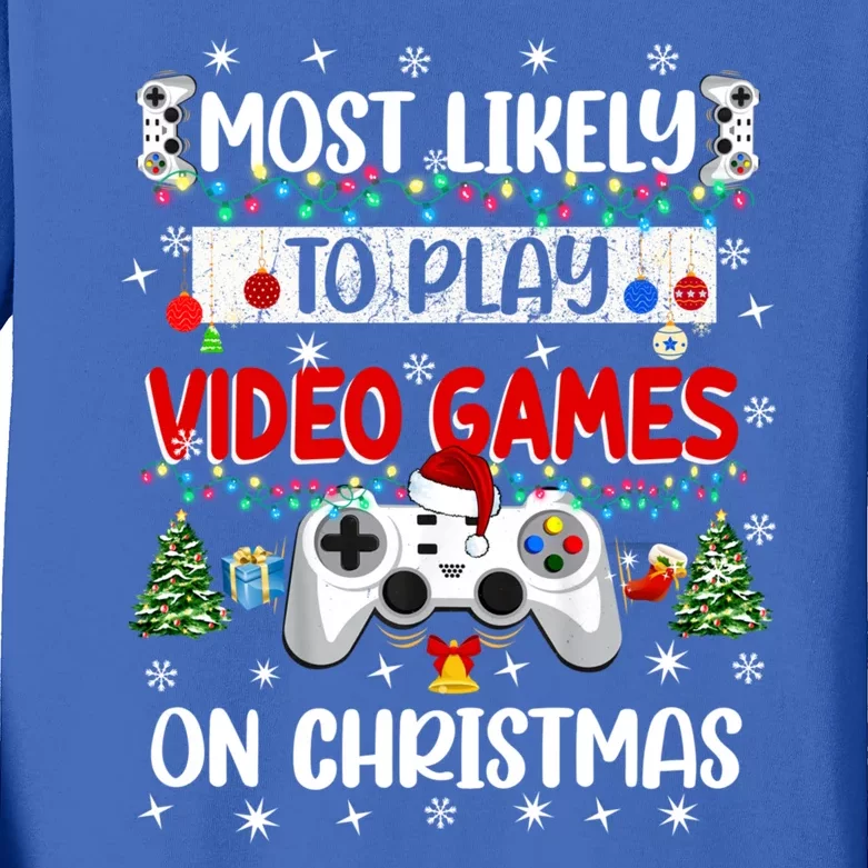 Most Likely To Play Video Games On Christmas Funny Gifts Kids Long Sleeve Shirt