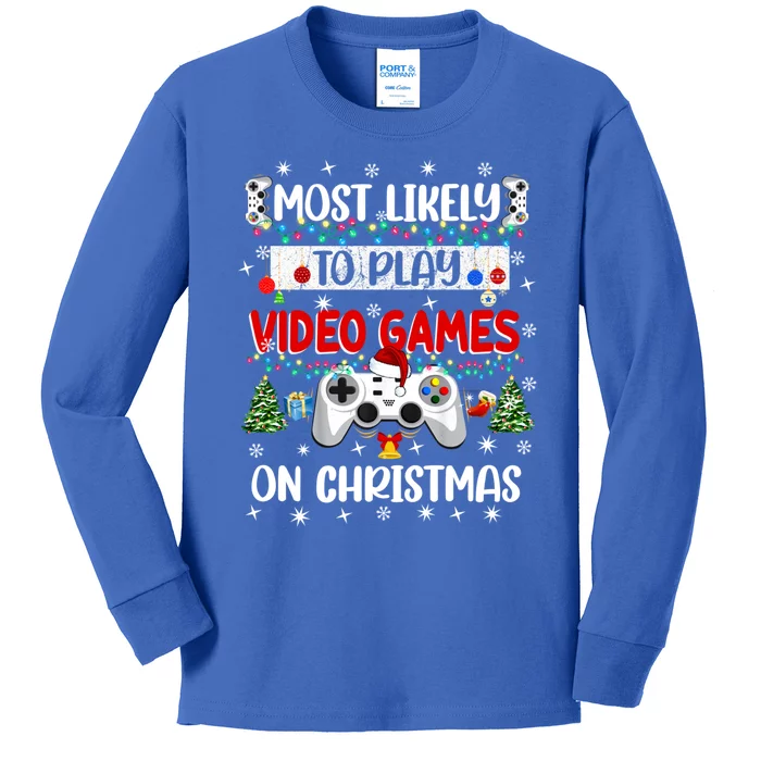 Most Likely To Play Video Games On Christmas Funny Gifts Kids Long Sleeve Shirt