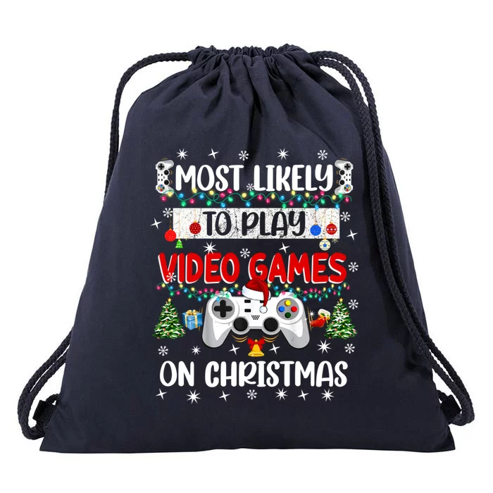 Most Likely To Play Video Games On Christmas Funny Gifts Drawstring Bag