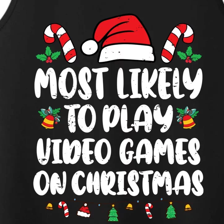 Most Likely To Play Video Games On Christmas Xmas Light Kids Performance Tank