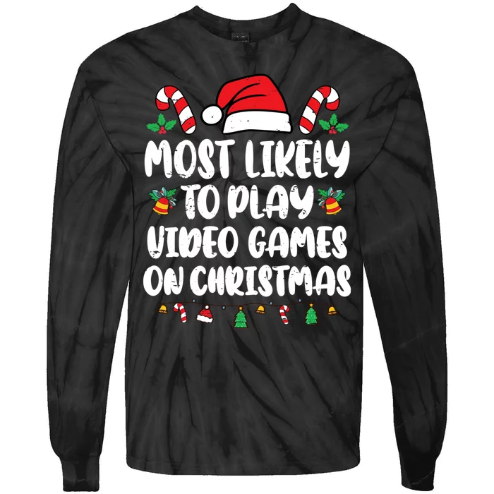 Most Likely To Play Video Games On Christmas Xmas Light Kids Tie-Dye Long Sleeve Shirt