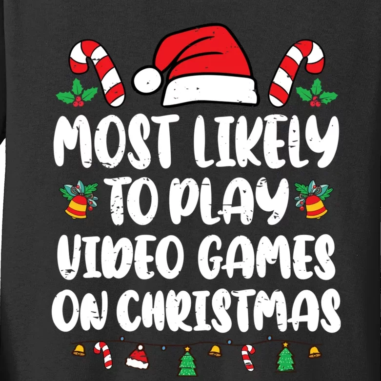 Most Likely To Play Video Games On Christmas Xmas Light Kids Kids Long Sleeve Shirt