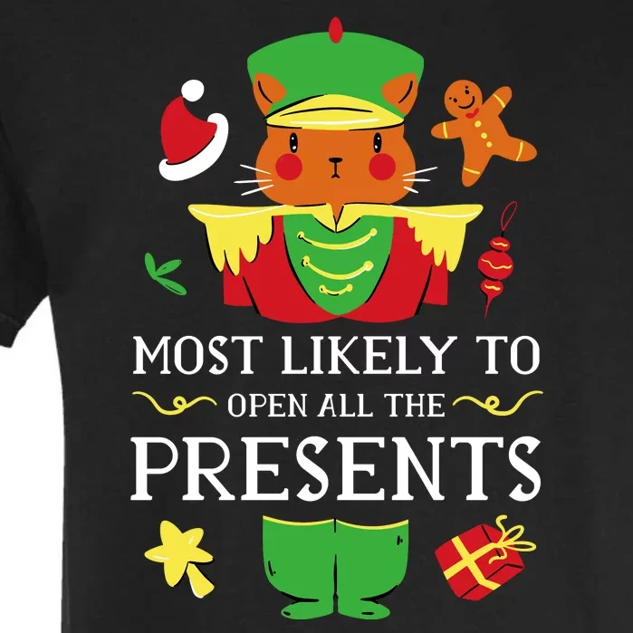 Most Likely To Open All The Presents Funny Christmas Cat Santa Garment-Dyed Heavyweight T-Shirt