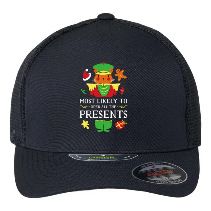 Most Likely To Open All The Presents Funny Christmas Cat Santa Flexfit Unipanel Trucker Cap