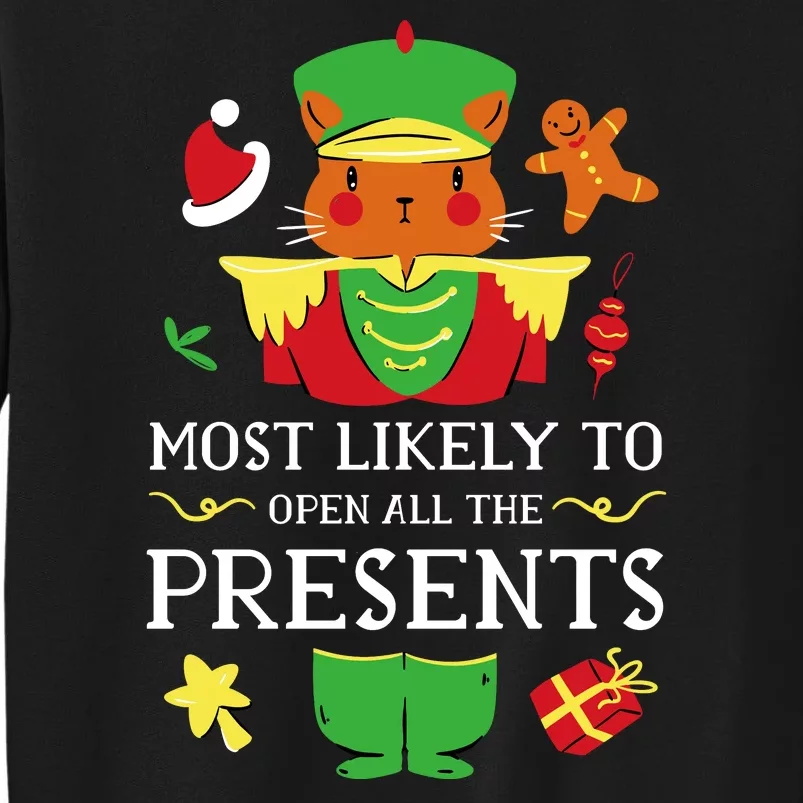 Most Likely To Open All The Presents Funny Christmas Cat Santa Sweatshirt