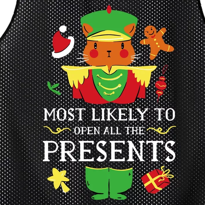 Most Likely To Open All The Presents Funny Christmas Cat Santa Mesh Reversible Basketball Jersey Tank