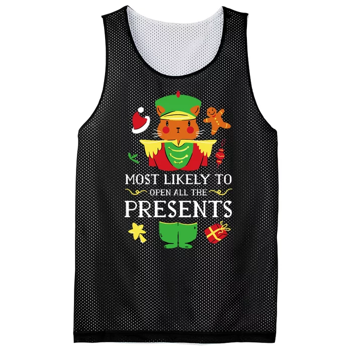 Most Likely To Open All The Presents Funny Christmas Cat Santa Mesh Reversible Basketball Jersey Tank