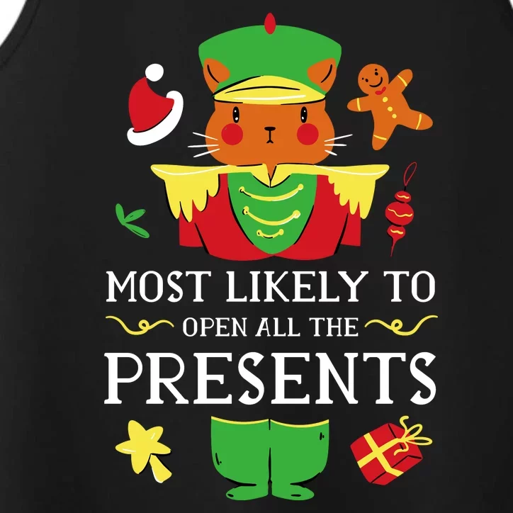 Most Likely To Open All The Presents Funny Christmas Cat Santa Performance Tank