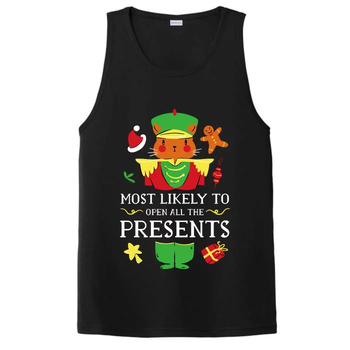 Most Likely To Open All The Presents Funny Christmas Cat Santa Performance Tank